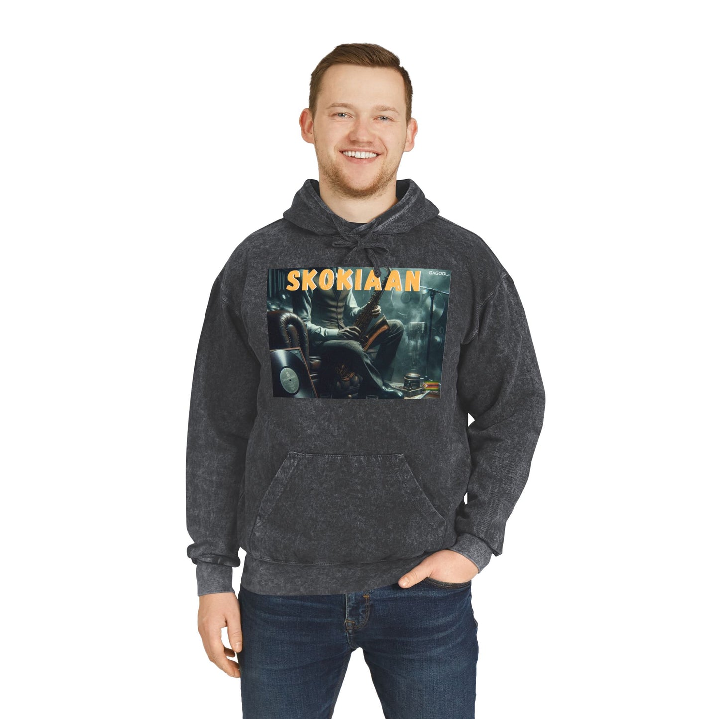 Unisex Mineral Wash Hoodie with 'SKOKIAAN' Print - Cozy Retro Vibe