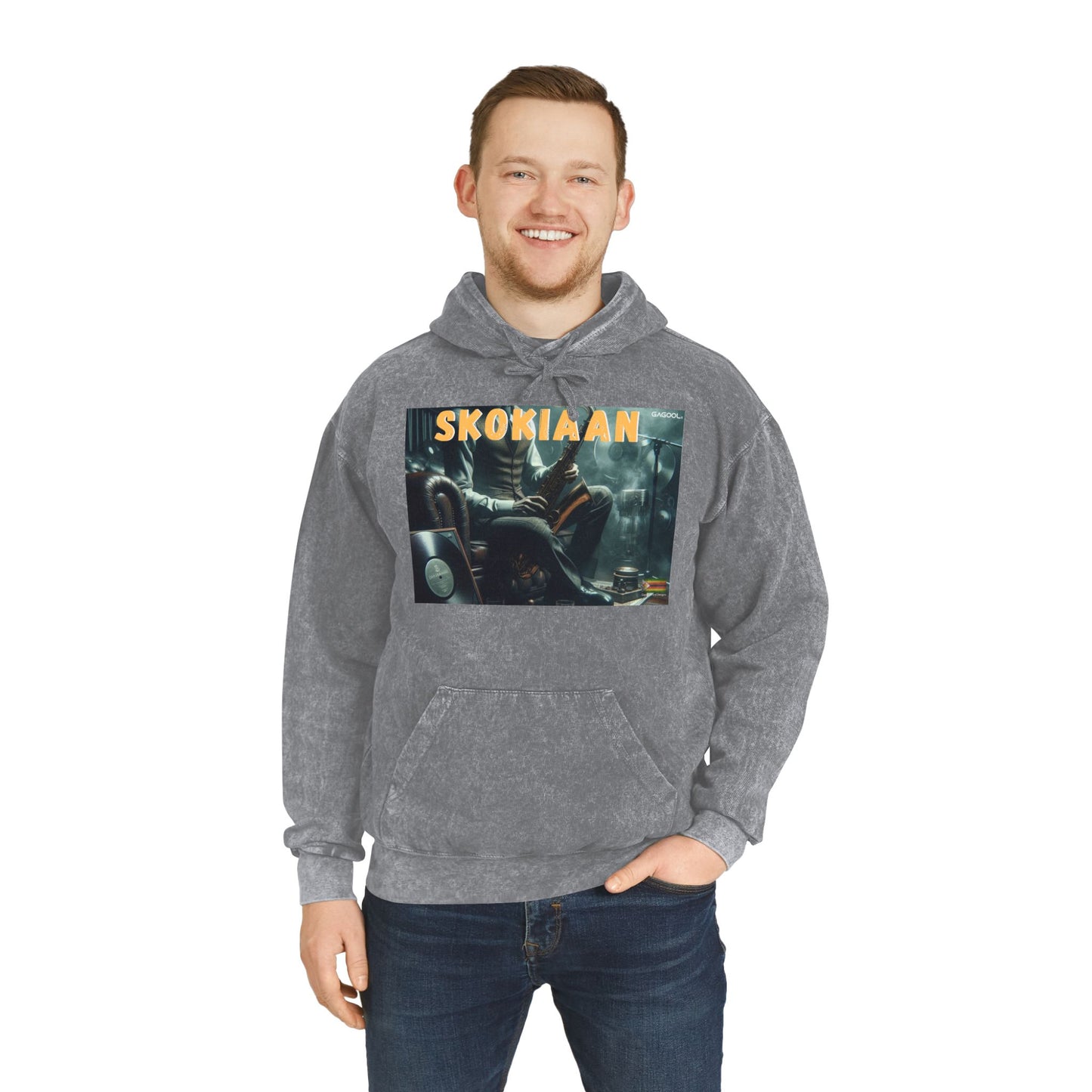 Unisex Mineral Wash Hoodie with 'SKOKIAAN' Print - Cozy Retro Vibe